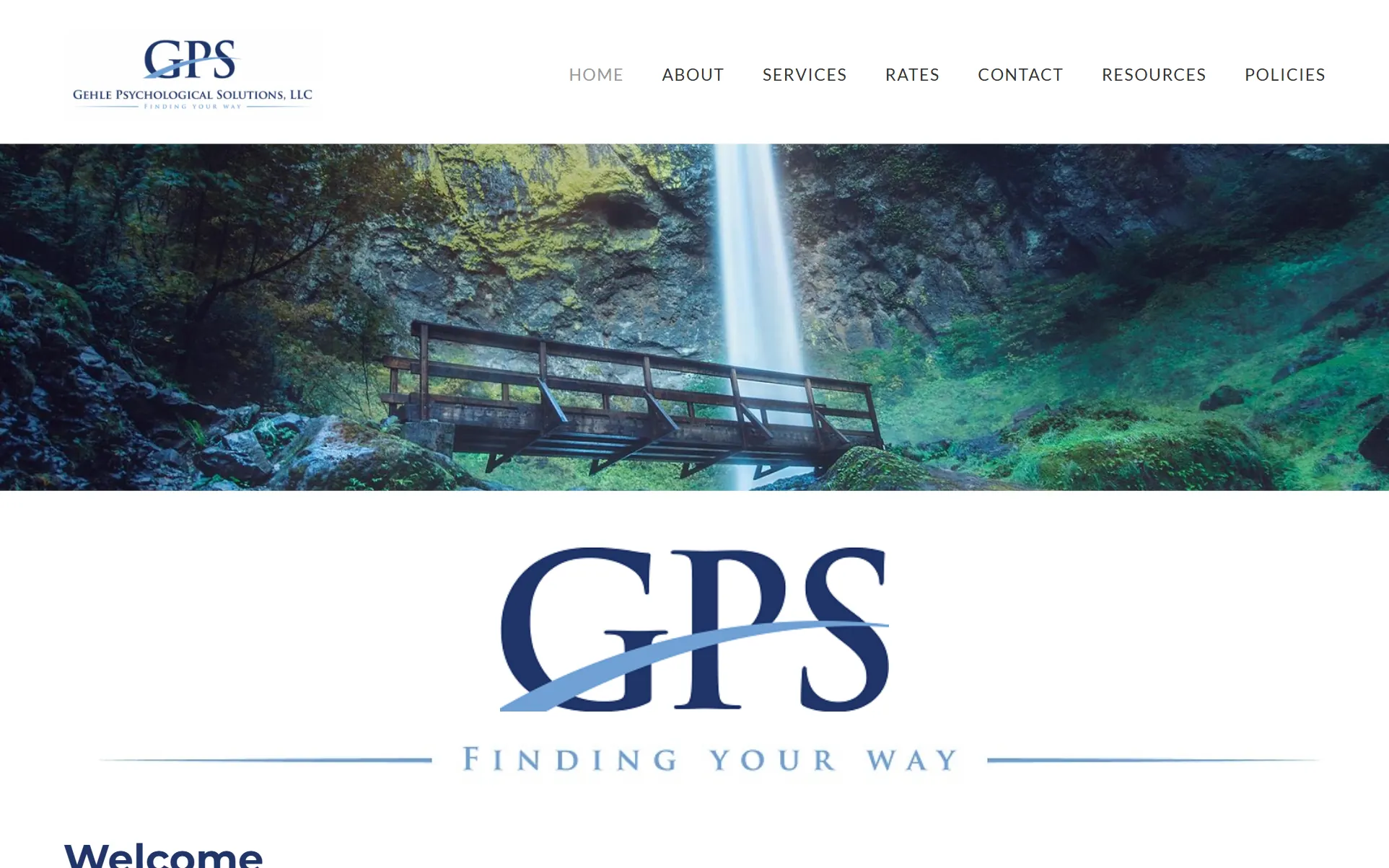 Before: the 2015 Gehle Psychological Solutions homepage. The first screen is a logo, a menu and a waterfall photo, then a Welcome paragraph.